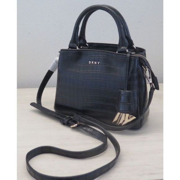 DKNY R13DPJ47 SM Black Croc Embossed Paige Satchel Crossbody Bag w/Charms $178 - Picture 8 of 11